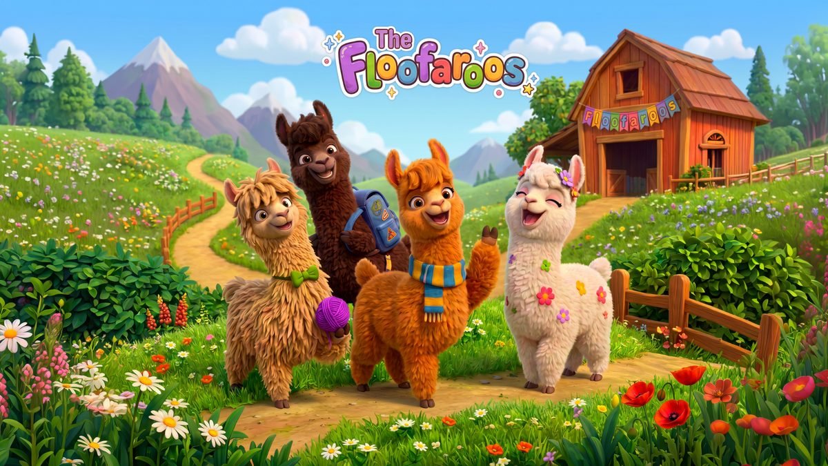 The Floofaroos — The Original Goofy Floofs n&rsquo; Floofy Goofs. Four fluffy cartoon alpacas standing in a flowery green meadow in front of a red barn.
